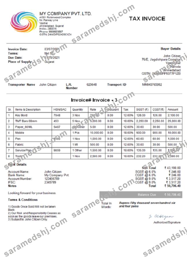 India My Company Pvt Ltd invoice